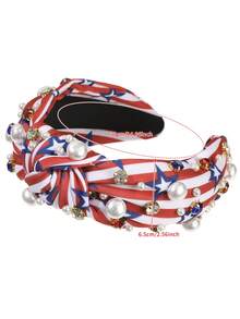 1Pc July 4th Independence Day Hairband, Stars & Stripes Pearl Rhinestone Knotted Wide Headwrap, Party Daily Versatile Hair Accessory - Multicolor - View 11
