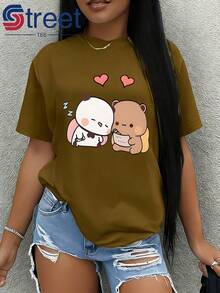 Women's Casual Short-Sleeve T-Shirt, Ideal For Summer Vacations, Featuring Panda And Brown Bear Appliqués And A Heart Design. A New Fashion  For Women In 2026. Soft And Cute, With A Relaxed Style And Loose Short Sleeves. Simple, Elegant, Versatile, Fashionable, Comfortable, And A Great Casual Sports Top. Made Of Soft, Machine-Washable Fabric, Perfect For Spring And Summer. Suitable For Outdoor Activities And Everyday Wear. - 綠色 - 查看 11