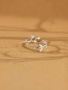 1pc Elegant Leaf-Shaped Cubic Zirconia Ring, Suitable For Teenage Girls As Birthday Gift, Party Accessory Or Daily Decoration - Silver - View 3
