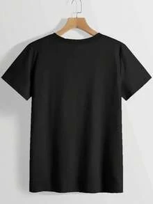 1 Women's Pure Cotton T-Shirt With Letter And Anime Print, Simple Design, Comfortable And Breathable, Suitable For Daily Casual Wear, Showing A Natural And Elegant Style, Must-Have For Summer Parties, Local Delivery, 180g 100% Cotton. - 黑色 - 查看 2