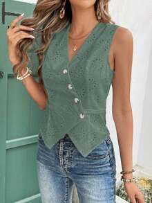 Frenchy Blusa informal de mujer con botones delanteros y sin mangas a rayas, conjunto de ropa de oficina para mujer, ropa de mujer para invierno, atuendos de otoño, camisa blanca de mujer, blusas sin mangas - Verde - Ver 3