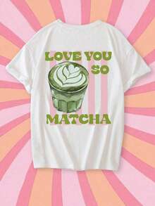 ropa de mujer Camiseta de manga corta con estampado de matcha y café, estilo minimalista de verano, cuello redondo, casual, con efecto tie-dye, blusa blanca versátil y elegante para mujer, camisas de mujer - Blanco - Ver 3