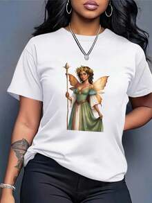 Camiseta de algodón 100% para mujer de talla grande, estilo bohemio holgado - estampado de hadas verdes y flores, suave y transpirable, de cuello redondo y manga corta, adecuada para uso casual y formal en primavera y verano, camiseta negra lavable a máquina. - Blanco - Ver 3