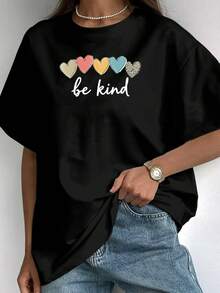 Women's Short-Sleeved T-Shirt, Five Colors. Women's "Be Kind" Heart Print T-Shirt, New Summer Collection, Leopard Print, Minimalist Slogan T-Shirt, 100% Cotton - 黑色 - 查看 3