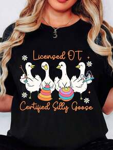 Camiseta de mujer con estampado de Silly Goose con licencia y certificación OT, que muestra patos y herramientas de terapia ocupacional, perfecta para terapeutas y profesionales de la terapia ocupacional. - Negro - Ver 1