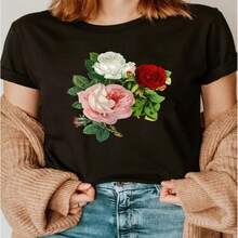 Women's Floral Print Short Sleeve Round Neck Cotton T-Shirt, Casual And Elegant High Stretch Top For Everyday Wear - 黑色 - 查看 1