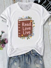 1 Soft, Stretchy, And Breathable T-Shirt With The Print "Enjoy Reading, Enjoy Life" - Casual Short-Sleeved, Crew-Neck Top, Suitable For Spring And Autumn, Machine Washable For Everyday Wear, A Comfortable Choice For Book Clubs, Events, And Literary-Themed Outfits. 100% Cotton, 180g. - 白色 - 查看 6