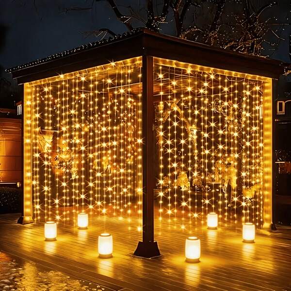 330 LED Colored Outdoor Solar Curtain Lights - 8 Dimmable Modes, Fairy Tale String Lights, IP65 Waterproof And Durable Metal Material, Suitable For Outdoor Decoration In Patios, Gardens, Gazing Pavilions, Parties, And Weddings