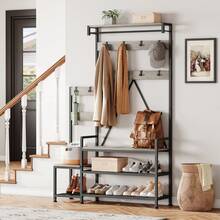 Rustic Industrial Hall Tree Coat Rack – Freestanding Entryway Organizer with Shoe Storage Bench, Hooks, Hanging Bar, Storage Cubbies, Top Shelf, Metal Frame for Hallway, Living Room - Gris - Ver 2