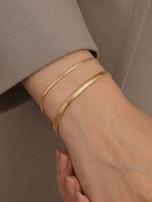 1pc Women Minimalist Waterproof Double Layer Stainless Steel Snake Chain Bracelet Necklace - Yellow Gold - View 2