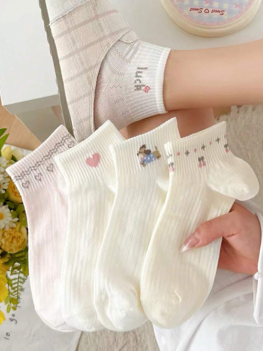 5 Paar Damen süße niedliche weiße rosa atmungsaktive Schleife Herz Hundemuster kurze Socken Knöchelsocken Crew-Socken, geeignet für tägliche Freizeitkleidung, zufällige Farben - Verschiedenfarbig - Übersicht 1