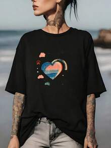 Camiseta unisex de moda con estampado de corazones de 180 g, adecuada para reuniones familiares y actividades de team-building en la empresa-el regalo perfecto para la diversión del verano y las celebraciones del Día de los Caídos. - Negro - Ver 1