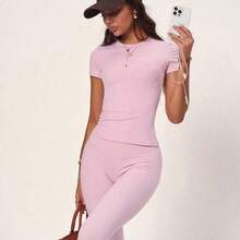 PinkTip Khaki Basic Top And Pants Set, High-Waisted Loose Fit, Essential For Summer Casual And Fitness Sports - Rojo - Ver 4
