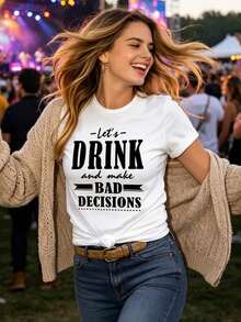 New Summer Casual T-Shirts, Party Favors, Short Sleeve T-Shirt With 'DRINK' Letter Print, Crew Neck, Versatile And Fashionable, New Arrivals, Festival Clothes, Mother's Day - Unisex Loose Fit Cotton Short Sleeve Crew Neck T-Shirt, Urban Vintage Style - 白色 - 查看 2