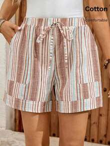 Pantalones cortos casuales de mujer con bolsillos y cintura con lazo a rayas - Multicolor - Ver 7