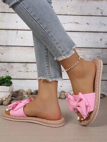 Sandálias Rasteiras Femininas Elegantes e Versáteis com Laço Fofo, Chinelos Casuais Slip-On para Uso Externo no Verão - Rosa chiclete - Visão 3