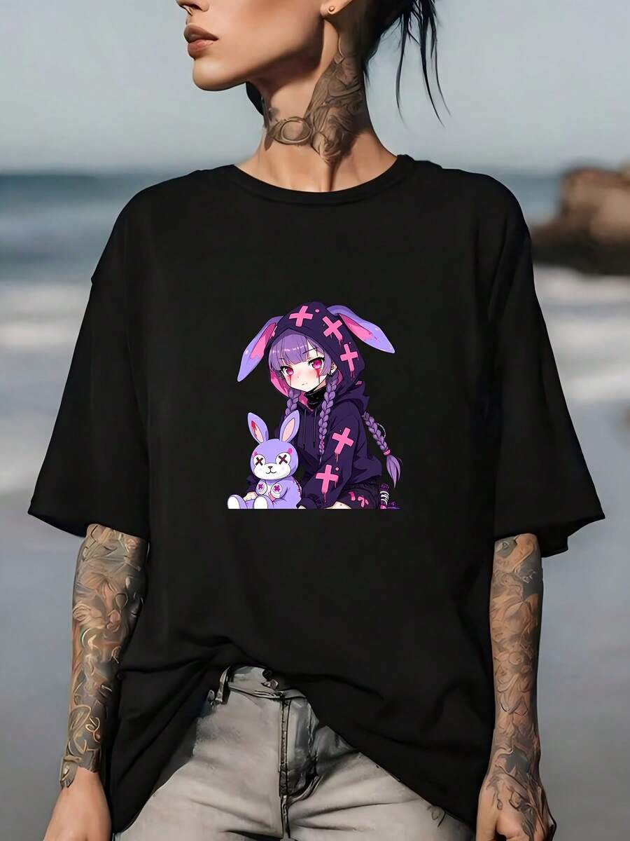 Cute Anime Bunny T-Shirt 180g, Comfortable For Family Gatherings And Office Parties, Perfect Gift For All Occasions, Casual Summer Blouse For Women - 黑色 - 查看 1