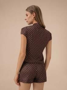HZXVIC Damen neuer süßer Polka Dot Kurzarm Knopfoberteil + Polka Dot Shorts mit hoher Taille Set, elegant für den Sommer - Braun - Übersicht 3