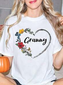 Women's T-Shirt With Floral Heart Design And Embroidered Flowers, With Butterflies, Round Neck, Short Sleeve, Soft, Comfortable, Simple And Fashionable, Summer Gift For Grandmother, Best Gift For Friends In Juneteenth, Graduation 2026. - 白色 - 查看 1
