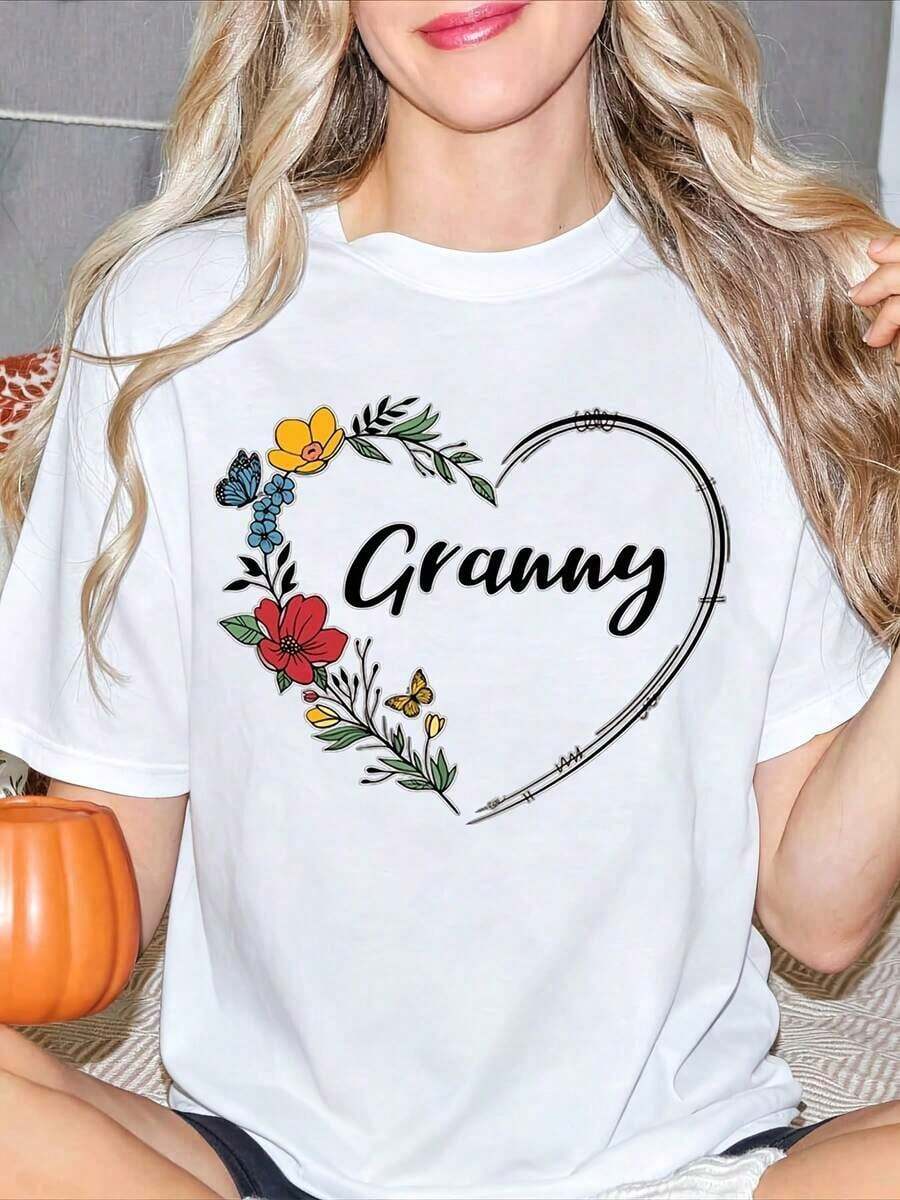 Women's T-Shirt With Floral Heart Design And Embroidered Flowers, With Butterflies, Round Neck, Short Sleeve, Soft, Comfortable, Simple And Fashionable, Summer Gift For Grandmother, Best Gift For Friends In Juneteenth, Graduation 2026. - 白色 - 查看 1