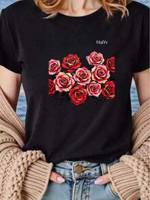 Limited Time Offer, Limited Quantity Available, Flash , Women's Shirts, Women's T-Shirts. Women's Comfortable Loose Fit White T-Shirt, Short Sleeve Crew Neck, Red Rose Graffiti Print, Casual T-Shirt For Everyday Wear And Going Out - 黑色 - 查看 3