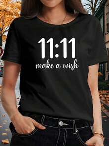 Women's Vintage T-Shirt 11:11 & Make A Graphic - Casual Short Sleeve Round Neck Blouse, Opaque And Comfortable Top With Wish Clock Print For Spring, Summer And Autumn Casual Outfits, Regular Fit Machine Washable T-Shirt 11:11 & Design Token Blouses For Women Casual - 黑色 - 查看 1