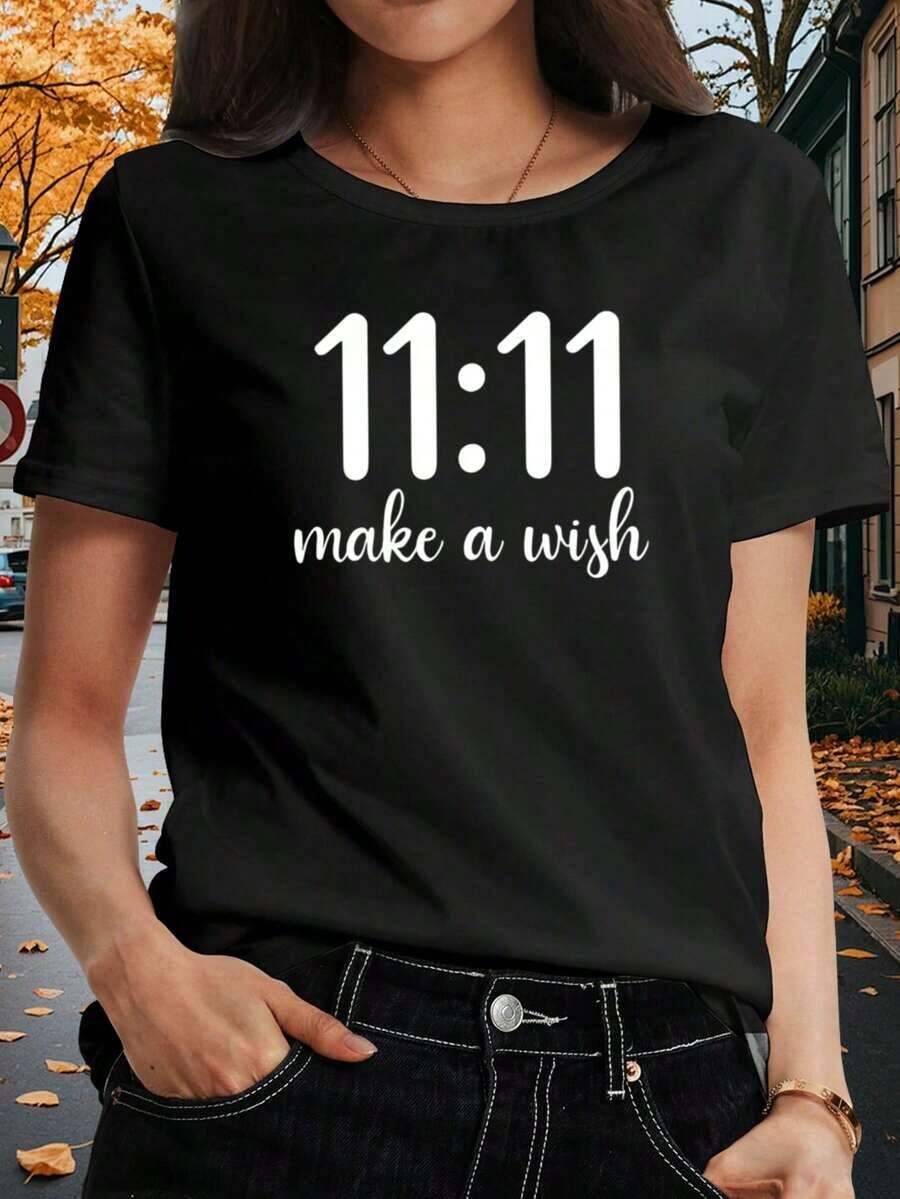 Women's Vintage T-Shirt 11:11 & Make A Graphic - Casual Short Sleeve Round Neck Blouse, Opaque And Comfortable Top With Wish Clock Print For Spring, Summer And Autumn Casual Outfits, Regular Fit Machine Washable T-Shirt 11:11 & Design Token Blouses For Women Casual - 黑色 - 查看 1