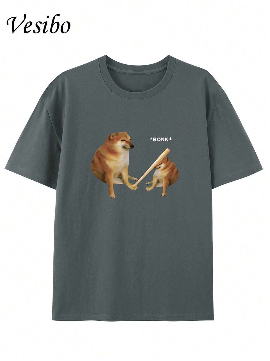 Hit Your Dog's Head! Funny T-Shirt With A Round Neck And Creative Design, Pure And Summer Fashion, Short Sleeves, Casual Top For Everyday Wear - Gris - View 1