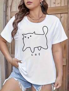Women's Cat Print T-Shirt, Casual Printed Tee, Round Neck, Short Sleeve, Top, Women's Clothing, Blouses For Women > Clothing - 白色 - 查看 1