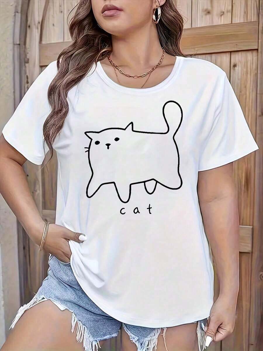 Women's Cat Print T-Shirt, Casual Printed Tee, Round Neck, Short Sleeve, Top, Women's Clothing, Blouses For Women > Clothing - 白色 - 查看 1