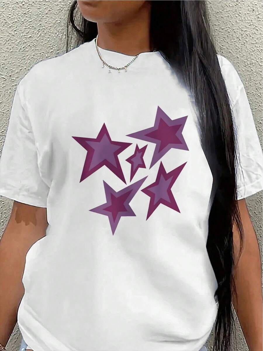 Polyester Short-Sleeved T-Shirt With Purple Star Print, Lightweight And Durable, Suitable For Casual Wear At Home Or Outdoors, Comfortable And Fitted For Everyday Use. Women's Blouses > Clothing - 白色 - 查看 1