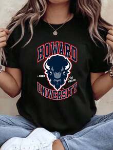 Women's Cotton T-Shirts With The Howard University Bison Logo, Varsity Wear For Men, Women And Unisex, Perfect Casual Wear For Graduation Events, Campus Events And School Pride, Basic Blouses For Women. - 黑色 - 查看 1