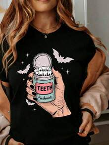 Women's Cotton T-Shirts, Halloween Teeth Freshmints T-Shirt, Funny Dentist T-Shirt, Casual Graphic T-Shirt For Women, Party Wear, Gift For The Halloween Season, Basic Blouses For Women. - 黑色 - 查看 7