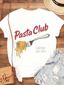 Pasta Club Everyday All Day Women's Cotton T-Shirt, Graphic Tee For Food Lovers For Women And Men, Unisex Casual Wear, Gift Idea For Kitchen, Basic Women's Blouses. - 白色 - 查看 3