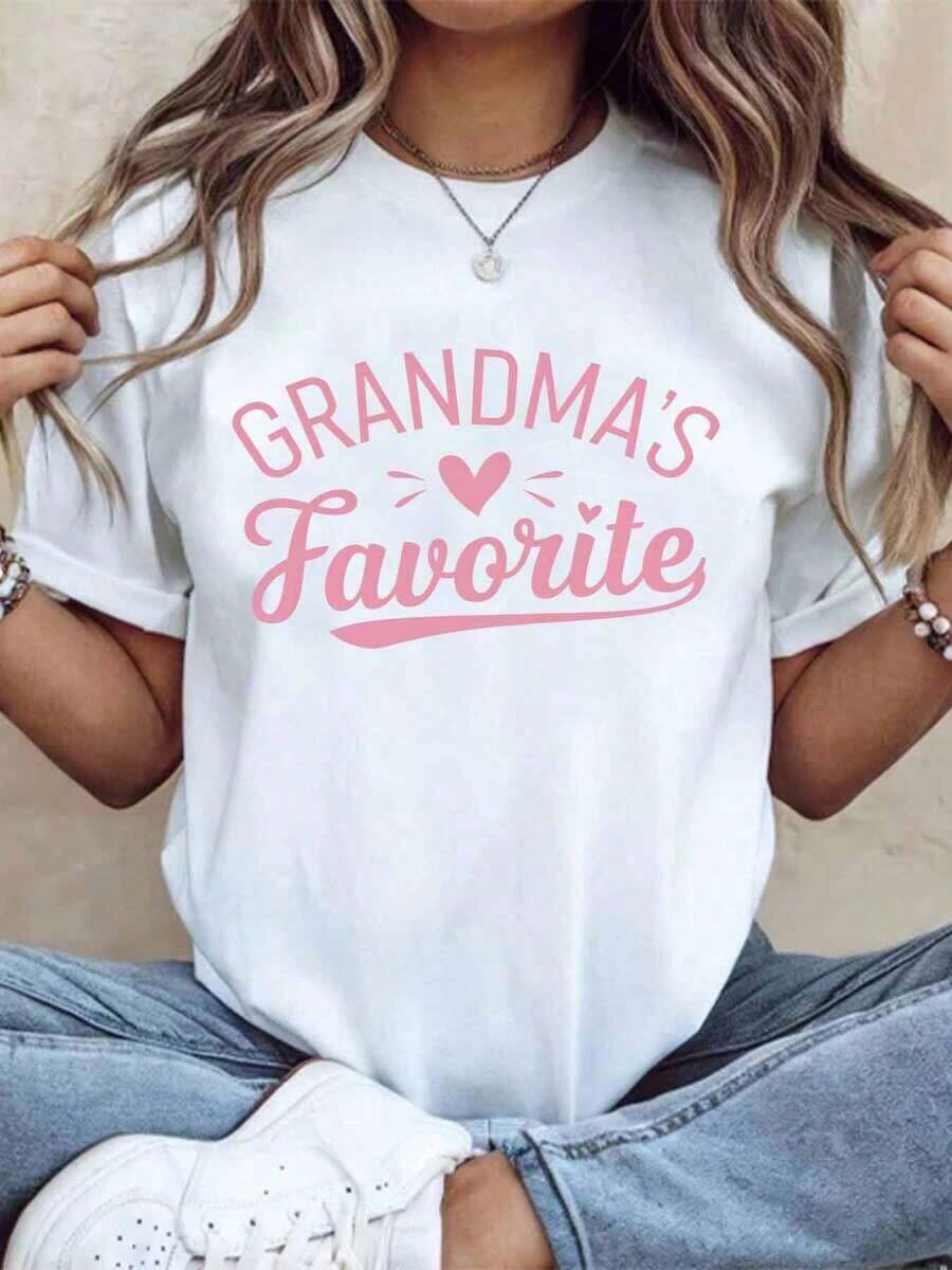 Women's Cotton T-Shirts, Grandmothers' Favorite T-Shirt For Women With Pink Text And Heart Design, Perfect Gift For Grandmother's Birthday, Mother's Day Or Family Gatherings, Basic Women's Blouses. - 白色 - 查看 1