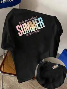 New Men's 180gsm Cotton T-Shirt With A Summer Theme And A "Never-Ending Summer" Print On The Front And Back. This  Short-Sleeved T-Shirt Is Suitable For Everyday Casual Wear And Outdoor Fitness Activities. It Features A Unique Double-Sided Pattern Design, Perfect For Layering In Spring And Autumn Or Wearing Alone In Summer. Unisex Style. - 白色 - 查看 6