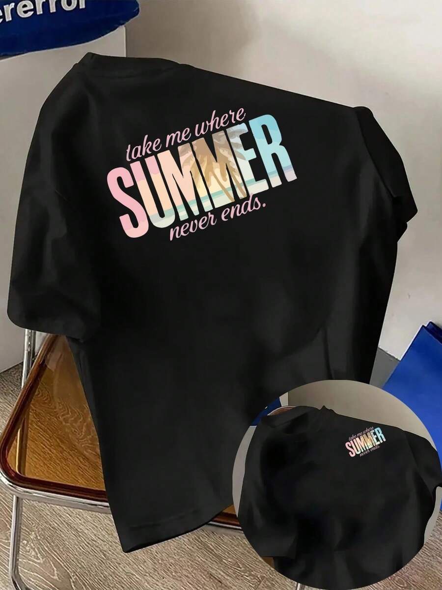 New Men's 180gsm Cotton T-Shirt With A Summer Theme And A "Never-Ending Summer" Print On The Front And Back. This Short-Sleeved T-Shirt Is Suitable For Everyday Casual Wear And Outdoor Fitness Activities. It Features A Unique Double-Sided Pattern Design, Perfect For Layering In Spring And Autumn Or Wearing Alone In Summer. Unisex Style. - 黑色 - 查看 1