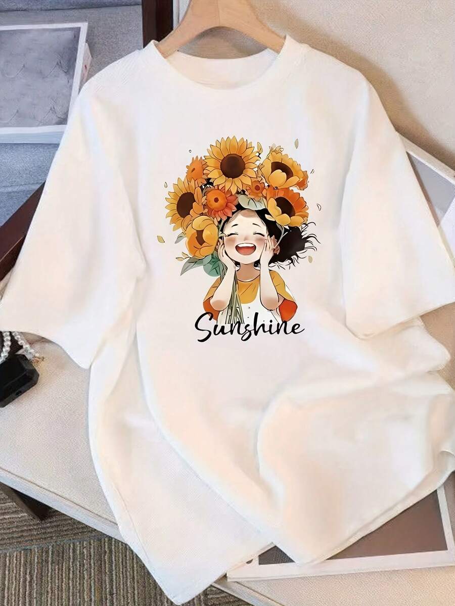 Women's Summer Sunflower Print 100% Pure Short Sleeve T-Shirt With Small Print, Round Neck, Korean Style Loose Fit, Casual, Versatile And Fashionable - [白色的] - 查看 1