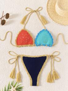 Áo bikini móc len hở lưng dành cho nữ, chất liệu vải dệt kim không tay, đồ bơi gợi cảm, họa tiết độc đáo, thích hợp cho kỳ nghỉ. - Nhiều màu - Xem 3