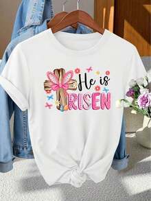 Modern And Minimalist Women's Clothing For Easter Party, Elegant, With Rabbit Ears, Bow Decoration, Wooden Cross Print, Short Sleeve T-Shirt For Women, Spring, Summer, Autumn, Fashionable Girl Style For Photoshoots, Beautiful Casual Blouse For Everyday Wear. - 白色 - 查看 1
