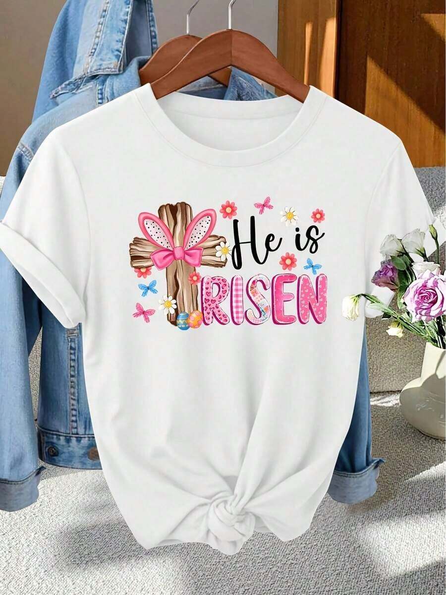 Modern And Minimalist Women's Clothing For Easter Party, Elegant, With Rabbit Ears, Bow Decoration, Wooden Cross Print, Short Sleeve T-Shirt For Women, Spring, Summer, Autumn, Fashionable Girl Style For Photoshoots, Beautiful Casual Blouse For Everyday Wear. - 白色 - 查看 1