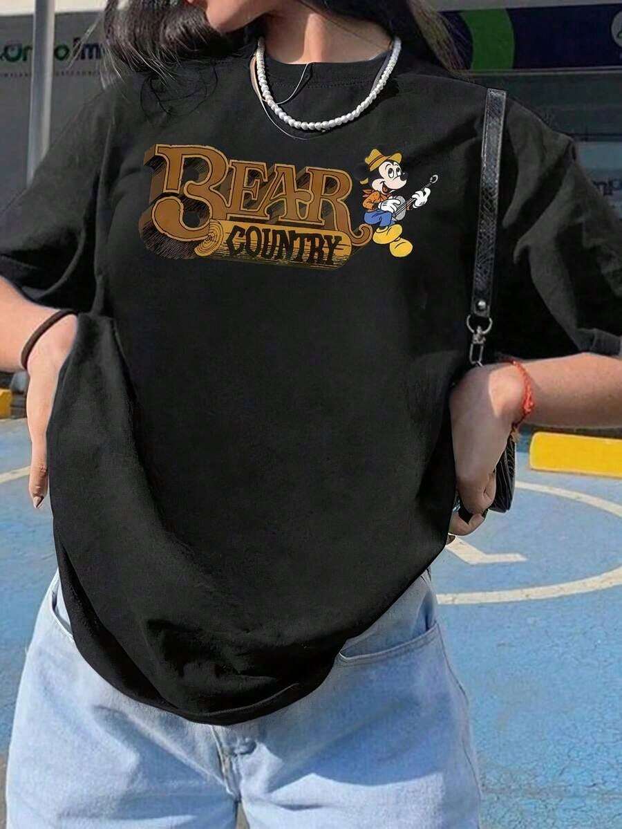 Officially Licensed, Women's Casual Cotton T-Shirt With Round Neck And Short Sleeves, Bear Country Print, Regular Fit, Breathable And Lightweight, Suitable For Sports And Casual Wear, Ideal For Gifts, Suitable For Parties. - 黑色 - 查看 1