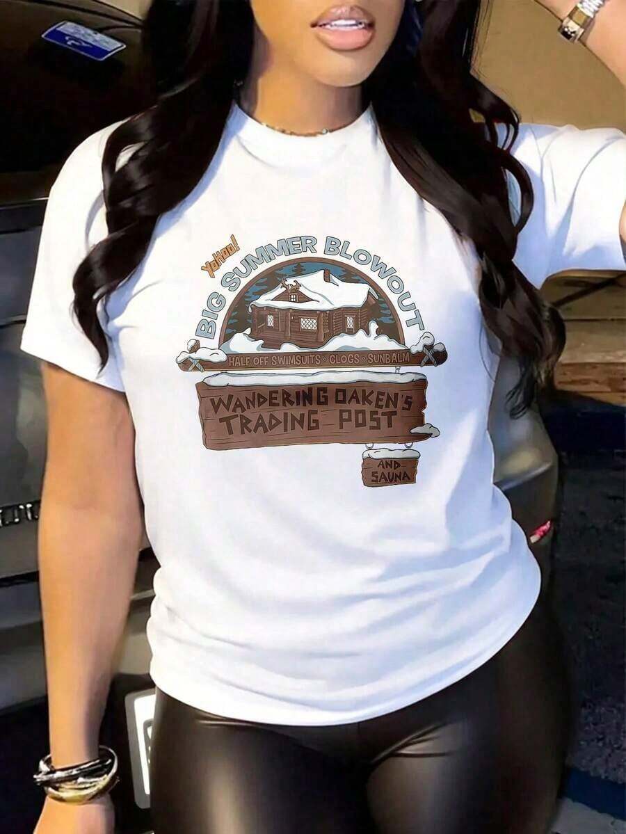 Officially Licensed, Women's Casual Black Cotton T-Shirt With Round Neck And Short Sleeves, Featuring A Trading Post Graphic Print, For Everyday Wear, Breathable And Lightweight, Suitable For Sports And Leisure, Ideal For Gifts, Suitable For Parties. - 白色 - 查看 1