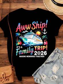 Aww Ship It's A Family Trip 2026 Cruise T-Shirt To Make Memories Together, For Family Vacation, Travel Souvenir Gift, Summer Clothes, 220g - Urban Vintage Style, Unisex, Loose Fit, Cotton, Short Sleeve, Round Neck, 100% Pure Cotton. - 黑色 - 查看 4