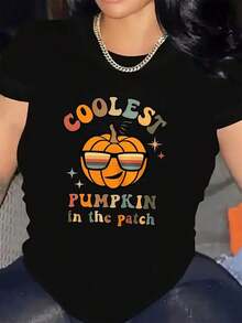 Women's Short-Sleeved T-Shirt With Round Neck And Fun Cartoon Pumpkin Design, Ideal For Halloween. - 黑色 - 查看 1