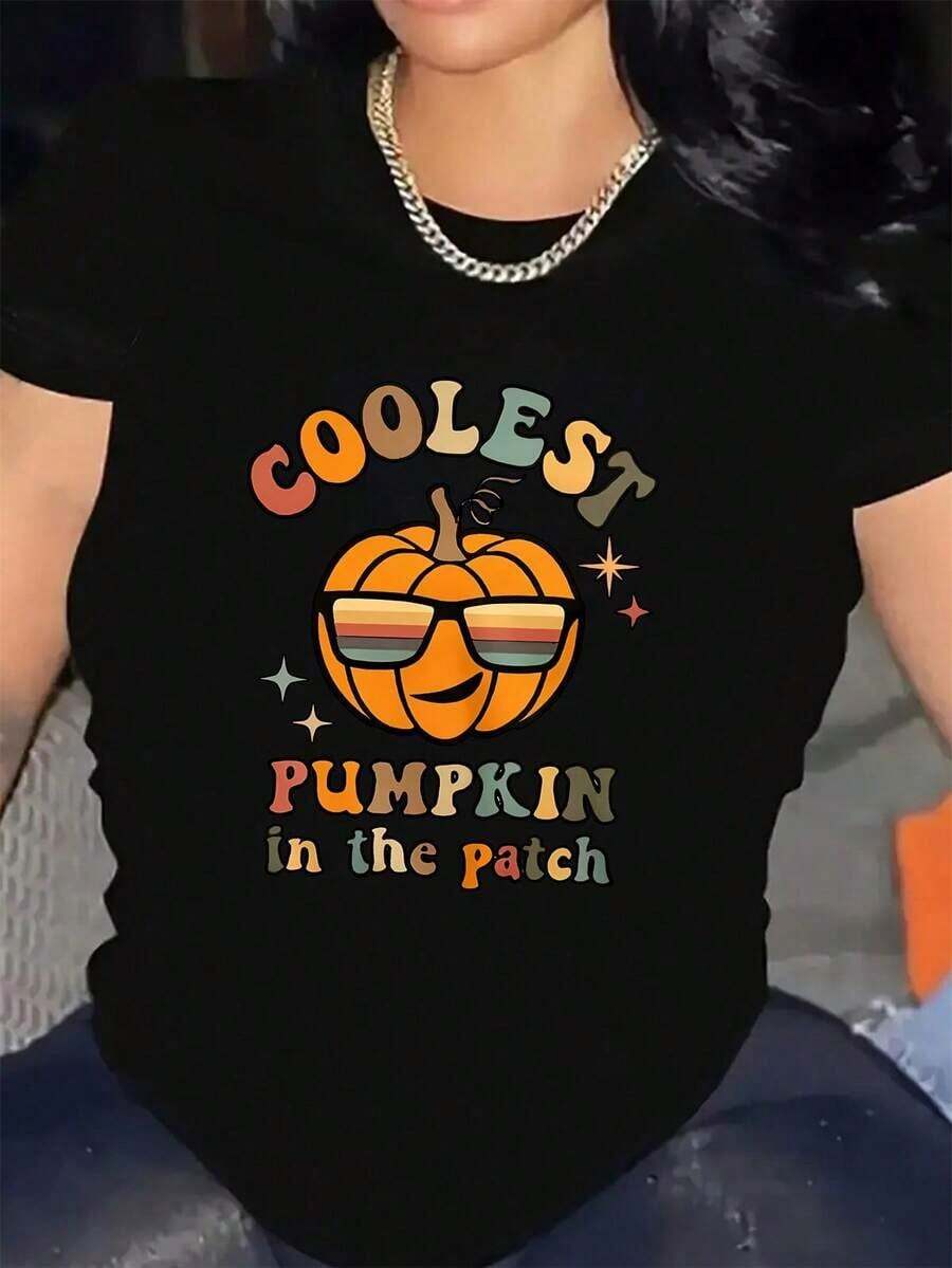 Women's Short-Sleeved T-Shirt With Round Neck And Fun Cartoon Pumpkin Design, Ideal For Halloween. - 黑色 - 查看 1
