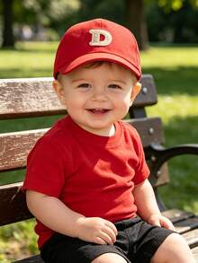 1 Stück Kinder Rote Amerikanische Campus Stil Sonnenhut mit goldfarbener Bordüre und Buchstaben Patch Baseball Kappe, atmungsaktiver Sonnenschutz Hut für Schule, Reisen, Sport & Hip-Hop für Alter 0-3 Jahre - Rot - Übersicht 4