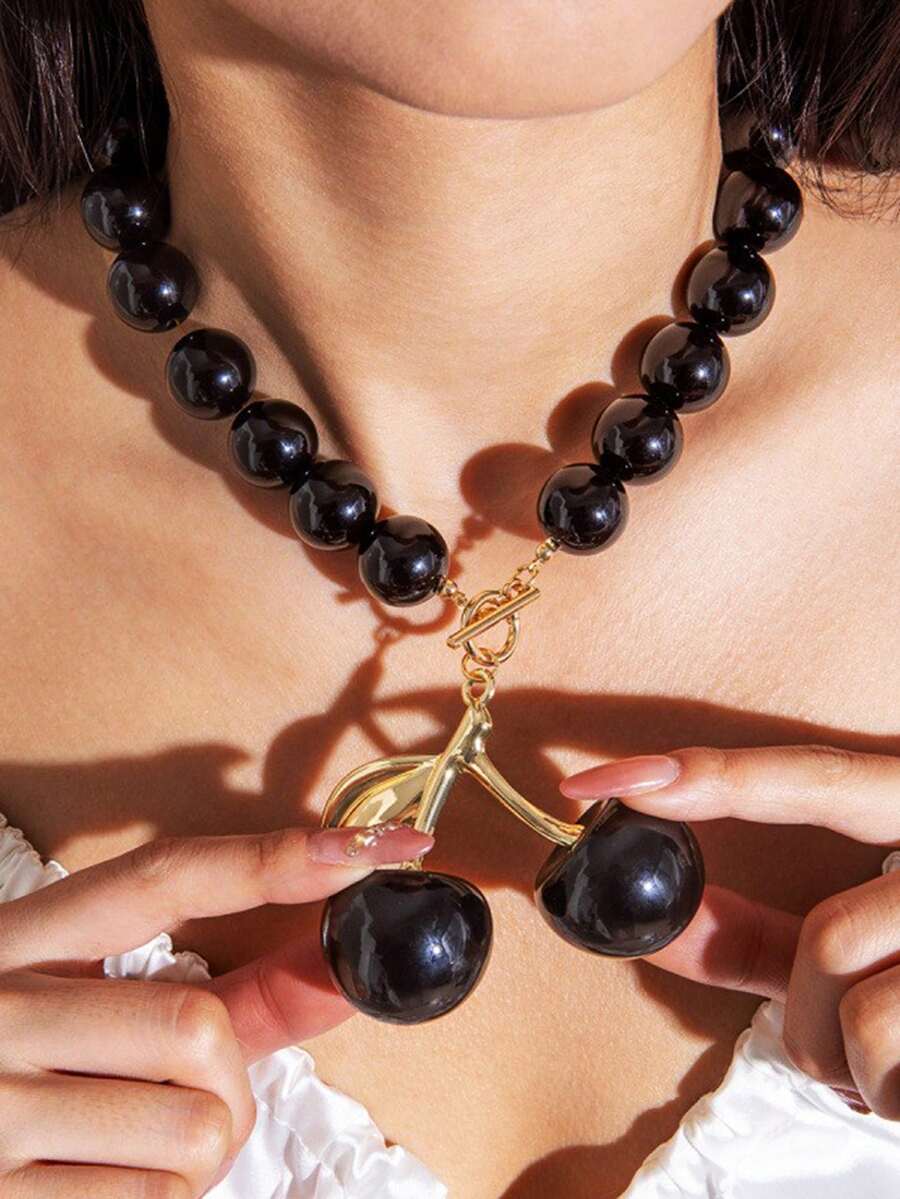 时尚夸张亚克力大珠樱桃吊坠项链,简约设计,适合女性,是度假和海滩风格的理想配饰。 - 黑色 - 查看 1