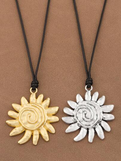 SUPBORA 1pc Fashionable Bohemian Style Spiral Sun Pendant Black Wax Rope Necklace, Suitable For Women's Daily Wear