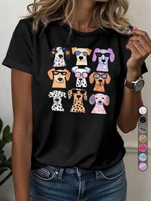 Women's Casual Sports T-Shirt, Round Neck Style, With Cartoon Dogs Wearing Glasses, Colorful Glasses Design, Knotted Hem, Suitable For Women, Perfect For Casual Daily Wear, Fun Pet Theme, Comfortable Top For All Seasons - 黑色 - 查看 1